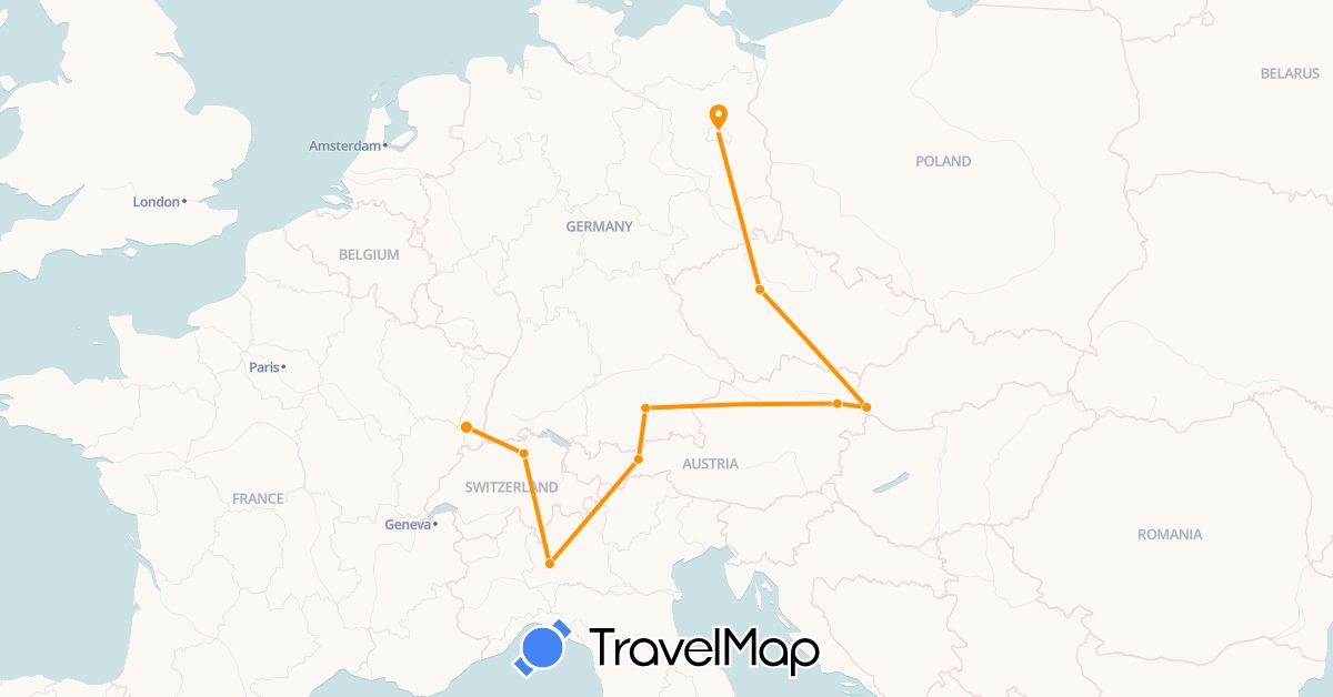 TravelMap itinerary: driving, hitchhiking in Austria, Switzerland, Czech Republic, Germany, France, Italy, Slovakia (Europe)